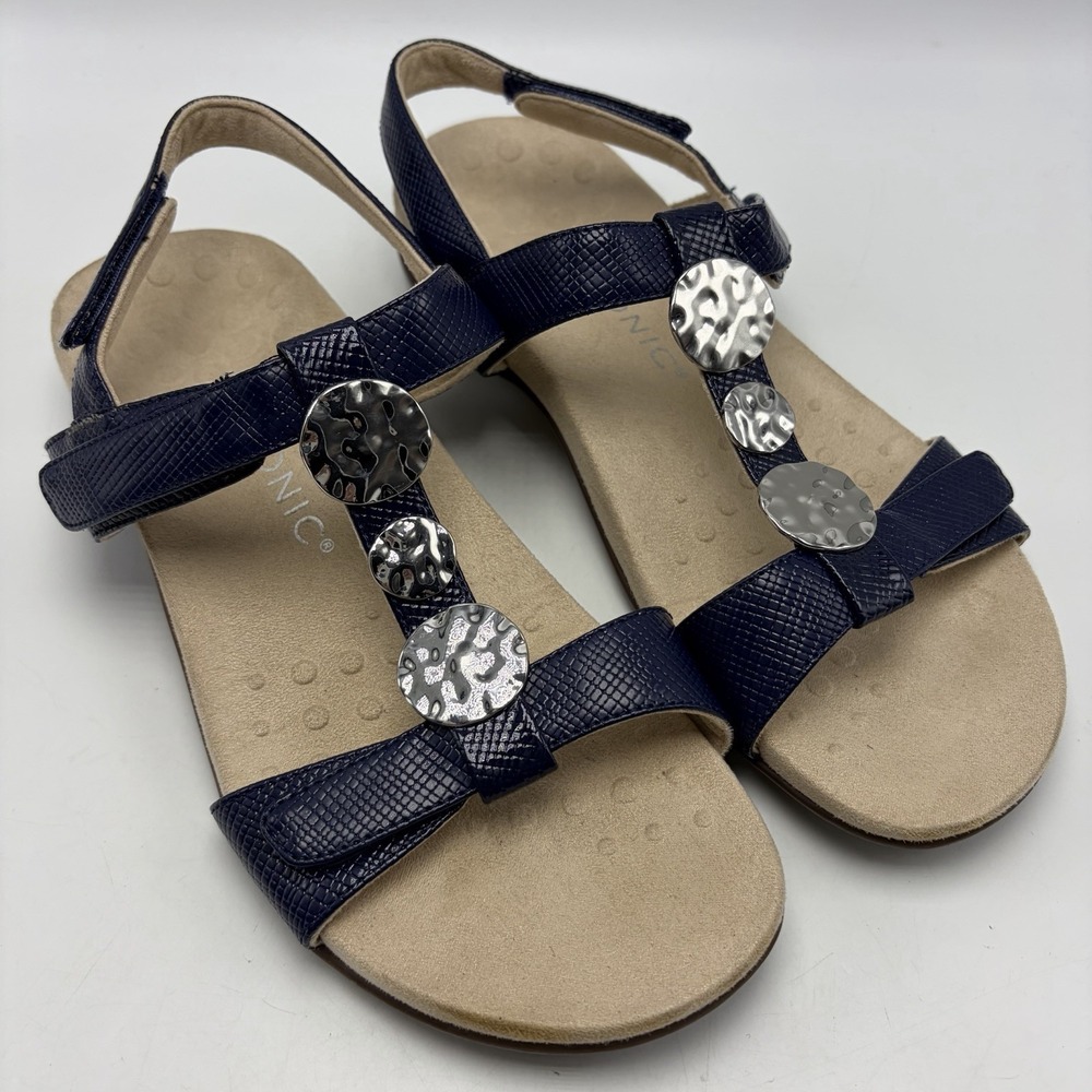 Vionic Sandals 9.5 Farra Navy Blue Lizard Embossed Silver Medallions Comfort